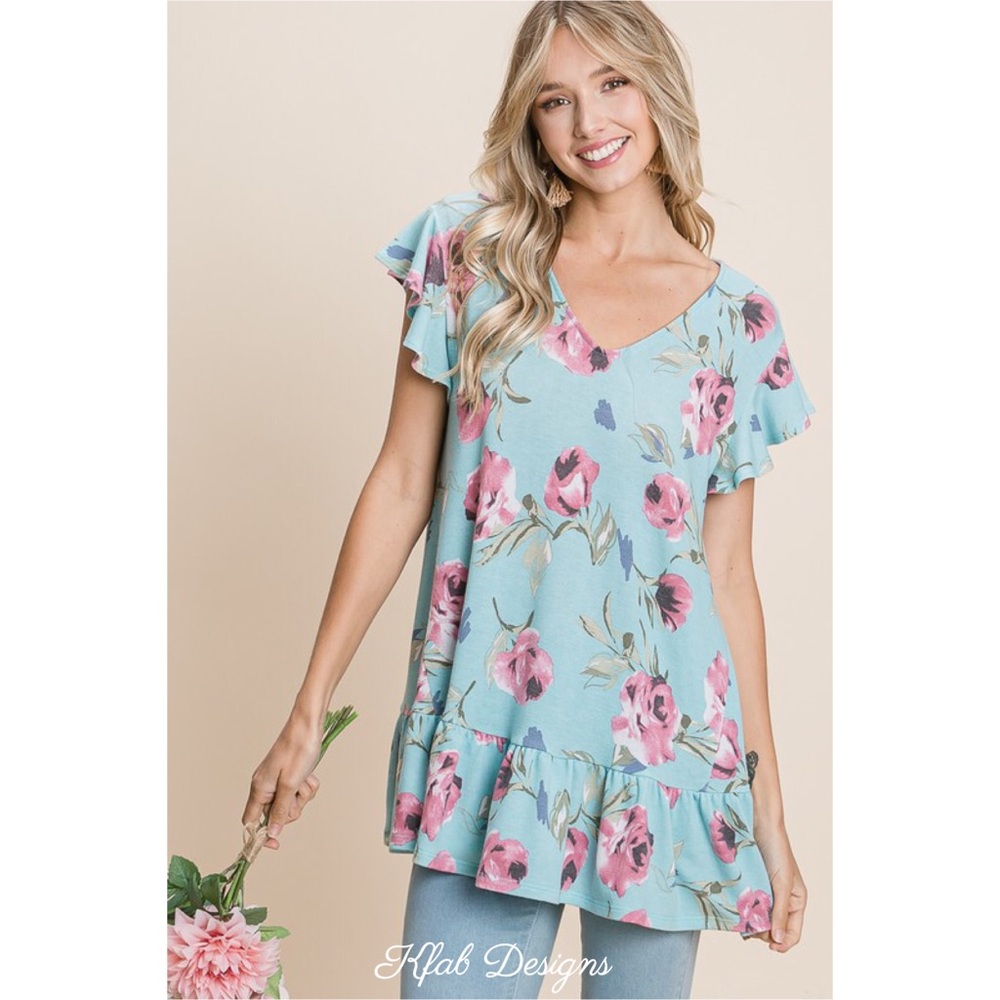 LAST 1! V Neck French Terry Ruffle Floral Top - Picture 3 of 8